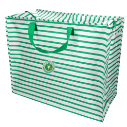 Large jumbo storage bag with green horizontal stripes and green handles with tag.