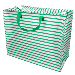 Large jumbo storage bag with green horizontal stripes and green handles.
