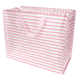 Large jumbo storage bag with pink horizontal stripes and pink handles.