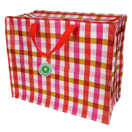 Large storage bag with a red, pink, and white gingham pattern and red handles with tag.
