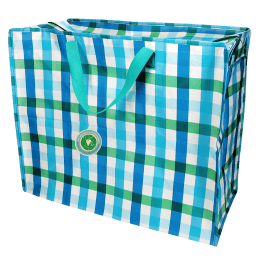 Large storage bag with a multi‑coloured gingham pattern and turquoise handles with tag.