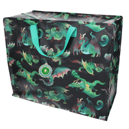 Large storage bag with a multi‑coloured dragons on a dark blue background and turquoise handles with tag.