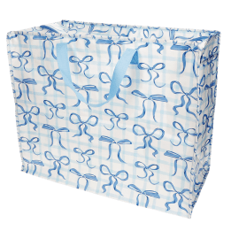 Large storage bag with a light blue gingham pattern and blue bow illustrations with handles.