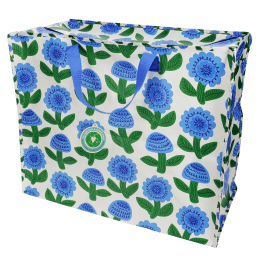 Large storage bag with a blue floral pattern and blue handles with tag.
