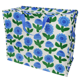 Large storage bag with a blue floral pattern and blue handles.