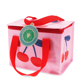 Pink insulated lunch bag with a bold cherry design and red handles with tag.