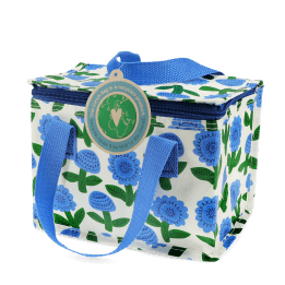 Insulated lunch bag with a blue floral pattern and blue handles with tag.