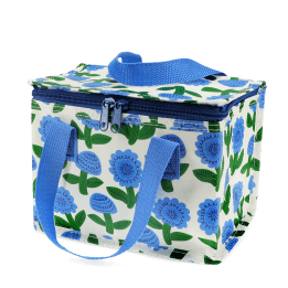 Insulated lunch bag with a blue floral pattern and blue handles.