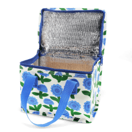 Insulated lunch bag with blue floral pattern and blue handles, shown open with a silver foil-lined interior.