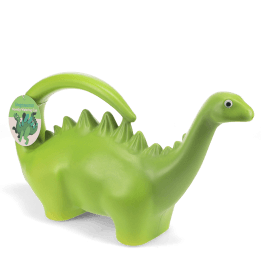 Green dinosaur-shaped plastic watering can with tag.