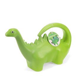 Green dinosaur-shaped plastic watering can with tag.