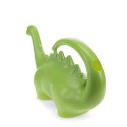Back view of green dinosaur-shaped plastic watering can.