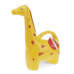 Yellow giraffe-shaped plastic watering can with a product tag.