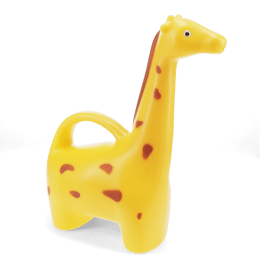 Yellow giraffe-shaped plastic watering can.