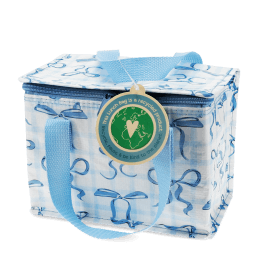 Insulated lunch bag with a light blue bow pattern and light blue handles with tag.