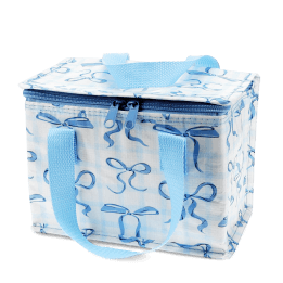 Insulated lunch bag with a light blue bow pattern and light blue handles.