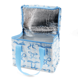Insulated lunch bag with a light blue bow pattern and light blue handles, shown open with a silver foil-lined interior.