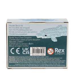 Back of build your own dolphin brick kit packaging displayed with safety warnings and descriptions.