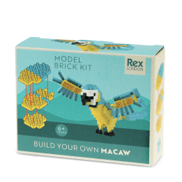 Build your own Macaw brick kit packaging.