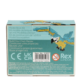 Back of build your own macaw brick kit packaging displayed with safety warnings and descriptions.