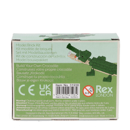 Back of build your own crocodile brick kit packaging displayed with safety warnings and descriptions.