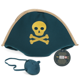 Pirate hat with a gold skull-and-crossbones design, shown with a matching eye patch and a tag.