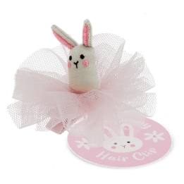 Pink hair clip featuring a small fabric bunny with embroidered details and tag.