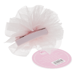 Bottom view of a pink mesh hair clip with a ribbed metal clasp and an attached product tag.