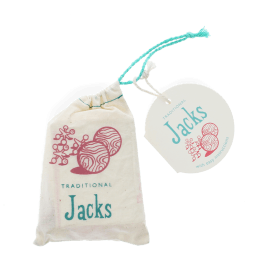 Traditional Jacks in a drawstring bag with a round tag attached.
