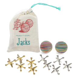 Traditional jacks set with drawstring bag, two striped balls, and gold and silver jacks.