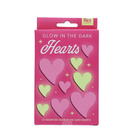 Glow‑in‑the‑dark hearts set in bright pink packaging with assorted heart shapes on the front.
