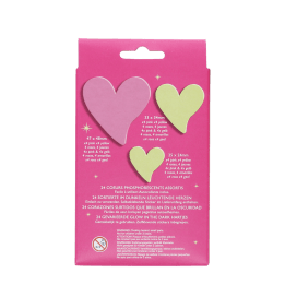 Back of Glow‑in‑the‑dark hearts set packaging displayed with multilingual safety warnings.