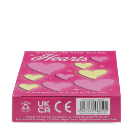 Base of glow in the dark heart shaped box displayed with barcode.