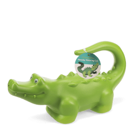 Green crocodile-shaped plastic watering can with raised spikes and a product tag.