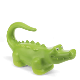 Green crocodile-shaped plastic watering can with raised spikes.