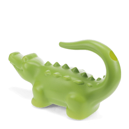 Back view of green crocodile-shaped plastic watering can with raised spikes.