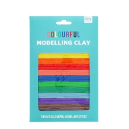Pack of twelve colourful modelling clay sticks in a turquoise display box.