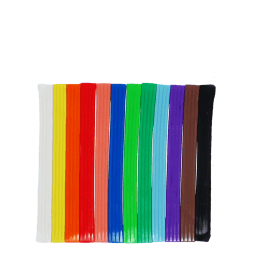 Twelve sticks of modelling clay arranged in a row in assorted bright colours.
