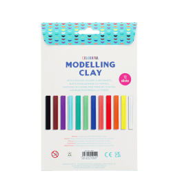Back of modelling clay pack showing twelve coloured sticks and product details.