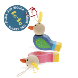 Two colourful wooden bird-shaped whistles with string loops displayed with tag.