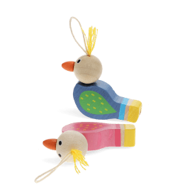 Two colourful wooden bird-shaped whistles with string loops.