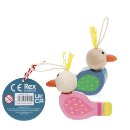 Two colourful wooden bird-shaped whistles with string loops displayed with tag.