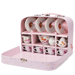 Unicorn ceramic tea set neatly stored in a pink suitcase.