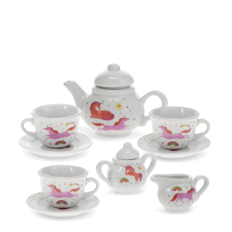 Unicorn‑patterned ceramic tea set with cups, saucers and teapot