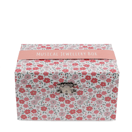 Pink floral musical jewellery box with clasp and decorative flower pattern.