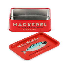 Open red mini storage tin with the lid beside it, featuring an illustrated mackerel on the lid.