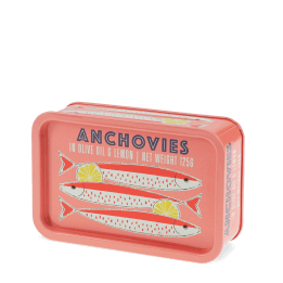 Pink mini storage tin with an illustrated anchovies fish on the front.