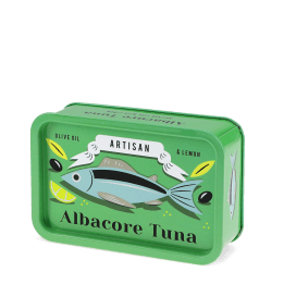 Green mini storage tin with a tuna illustration on the front.