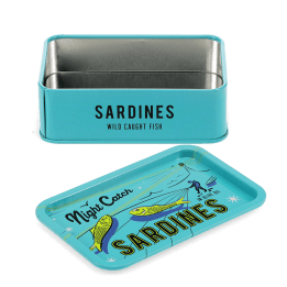 Open mini storage tin with the lid beside it, featuring an illustrated sardines on the lid.