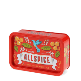 Red mini storage tin with an all spice illustration on the front.